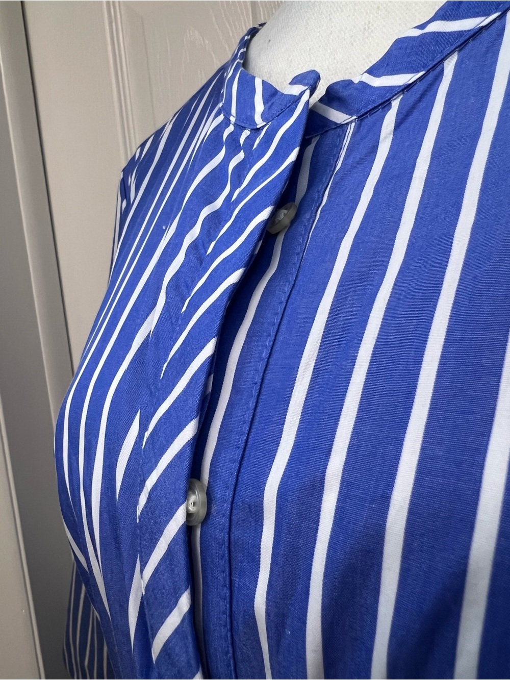 Striped Blue and White Long-Sleeve Maxi Dress with Self Tie - Picture 3 of 11